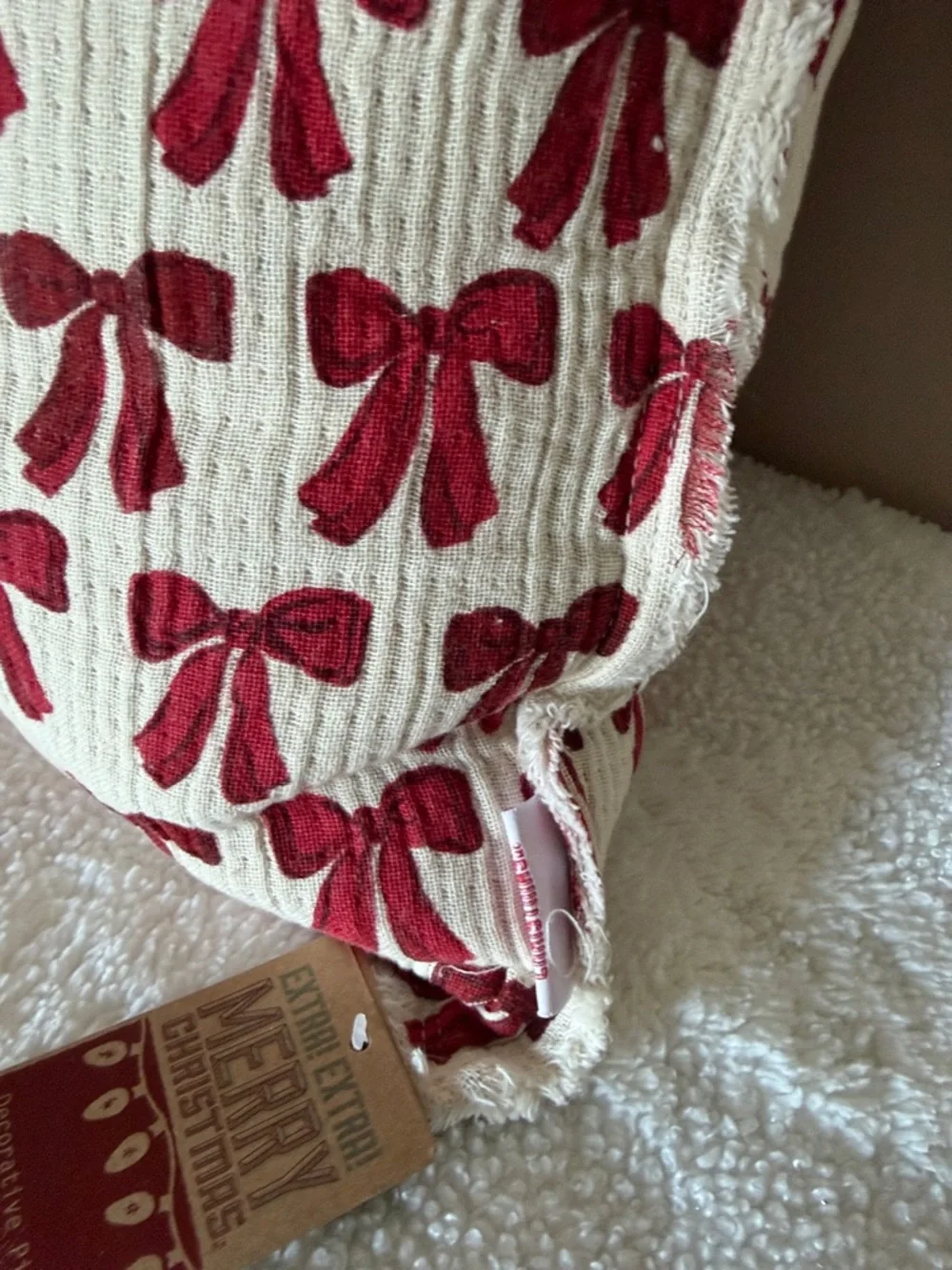 Holiday Christmas Red Bow Pillow Fringe Ivory NEW!